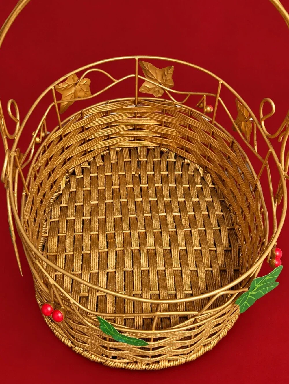 Vintage Style Gold Woven Basket Cherry Ivy Fruit Decorative Metal Handle Cottage